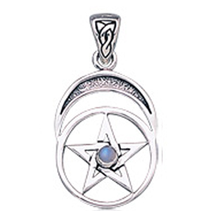 Vedhæng med Pentagram og Månesten - 26mm - u/kæde