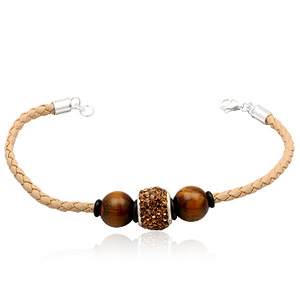 Læderarmbånd med Charm led og Tigerøje kugler (1346)